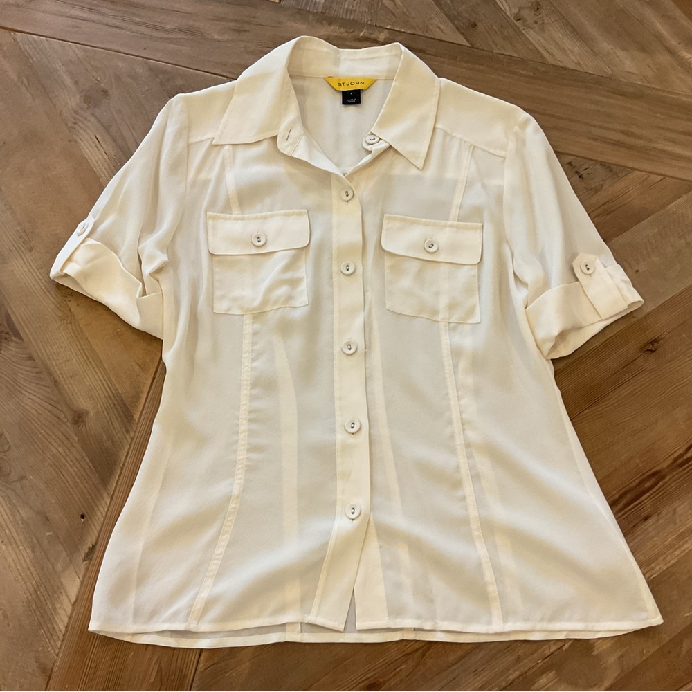 St. John Ivory Silk Button-Front Blouse Short Sleeve Shirt‎